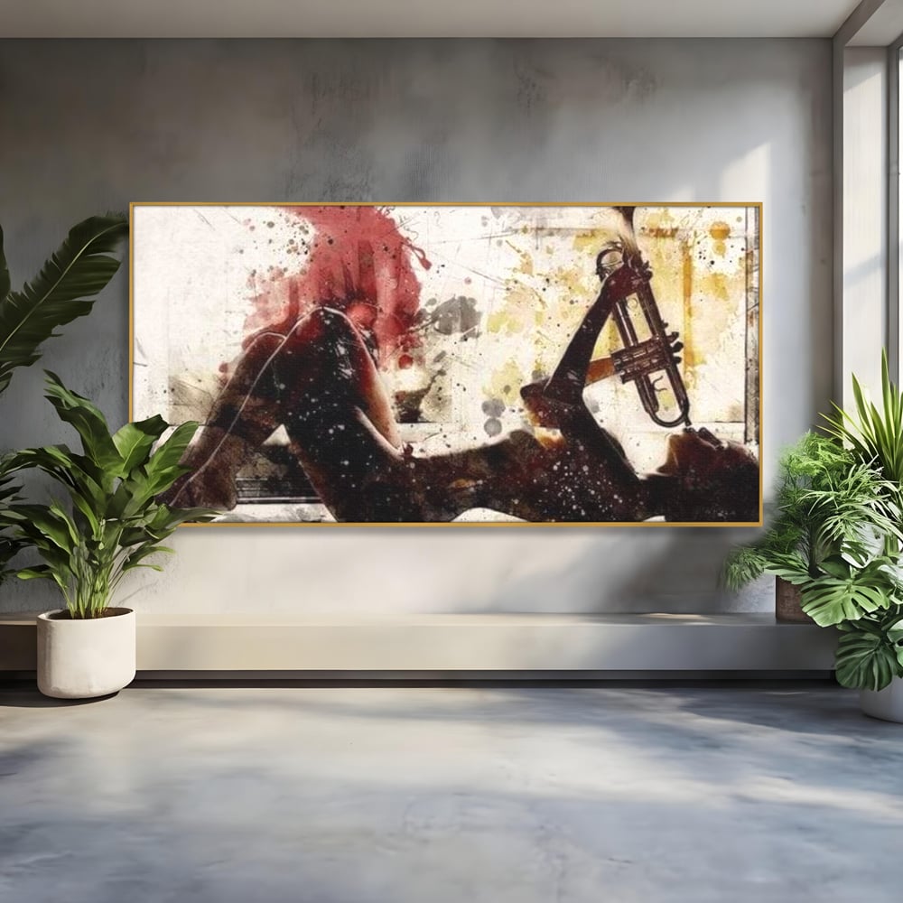 Tablou canvas cu tablou canvas cu silueta si trompeta, in rama de aluminiu auriu